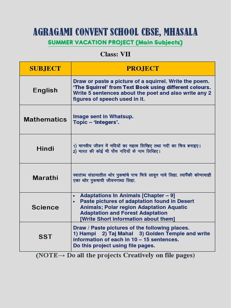 Class 7 Summer Vacation Project Guide | PDF | Language Arts ...