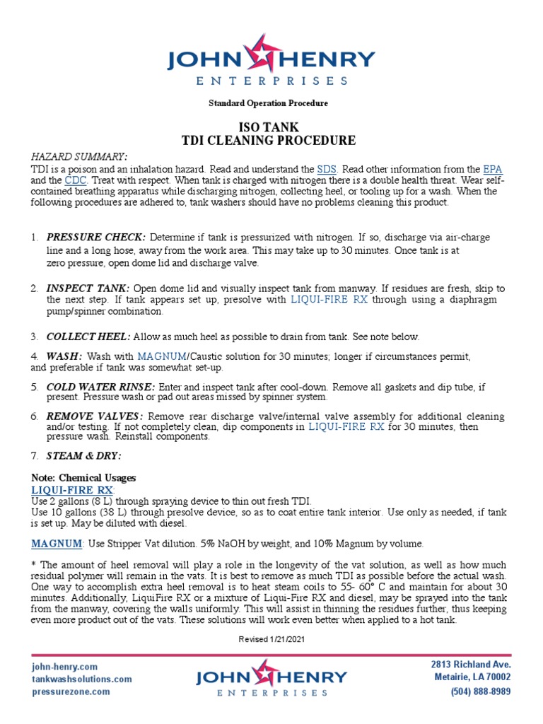 ISO Tank TDI Cleaning Procedure | PDF | Valve | Physical Sciences
