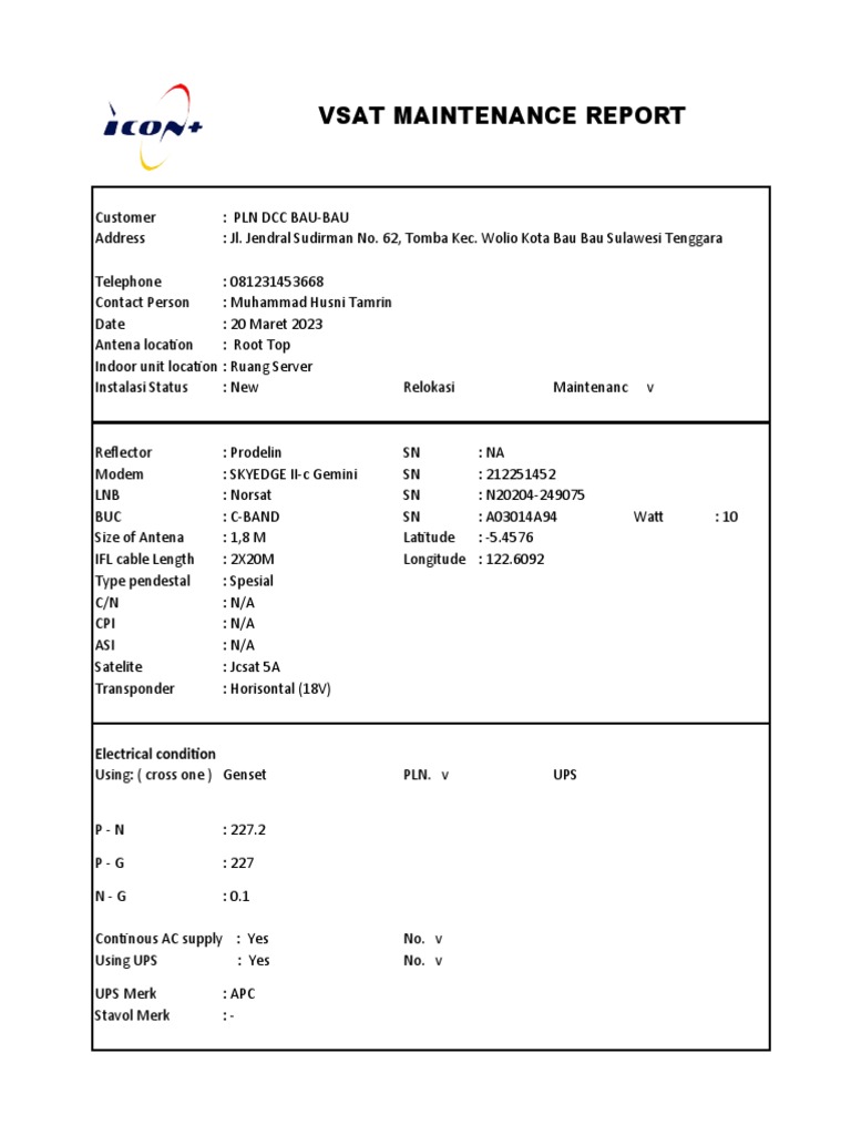 Vsat Maintenance Report DCC Bau-Bau | PDF | Communication | Broadcasting