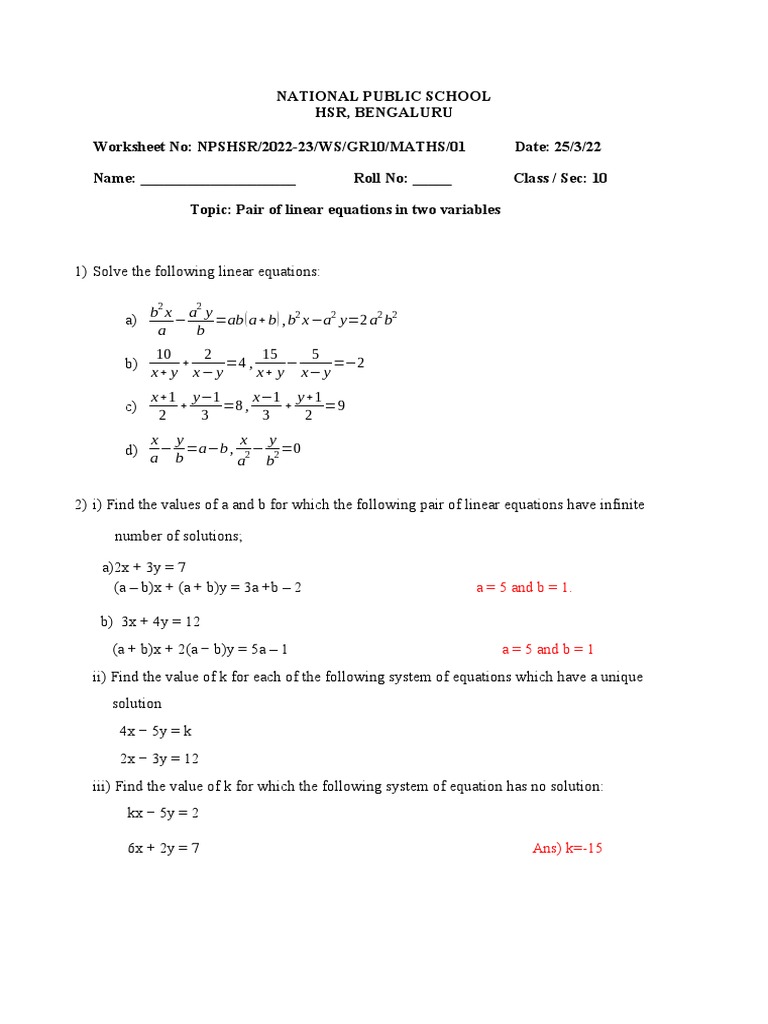 WS - CH 3 LINEAR EQUATIONS - 2022-23 Grade 10 | PDF | Equations | Speed