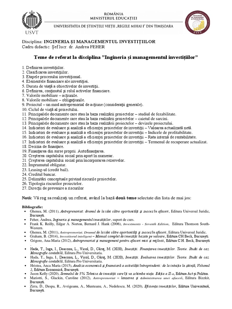 Ingineria Si Managementul Investitiilor | PDF