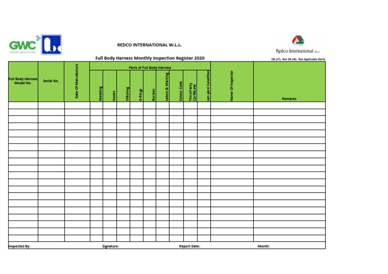 Full Body Harness Inspection Register | PDF