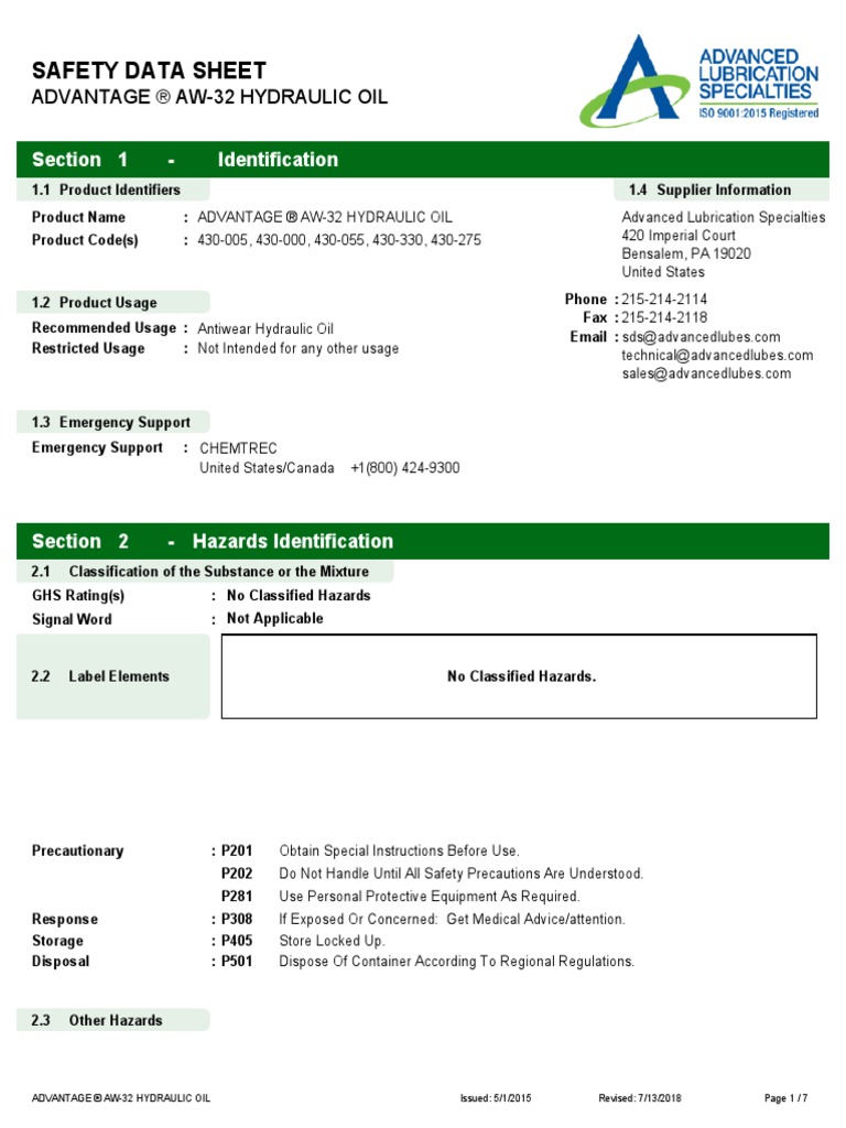 Hydraulic Oil MSDS PDF