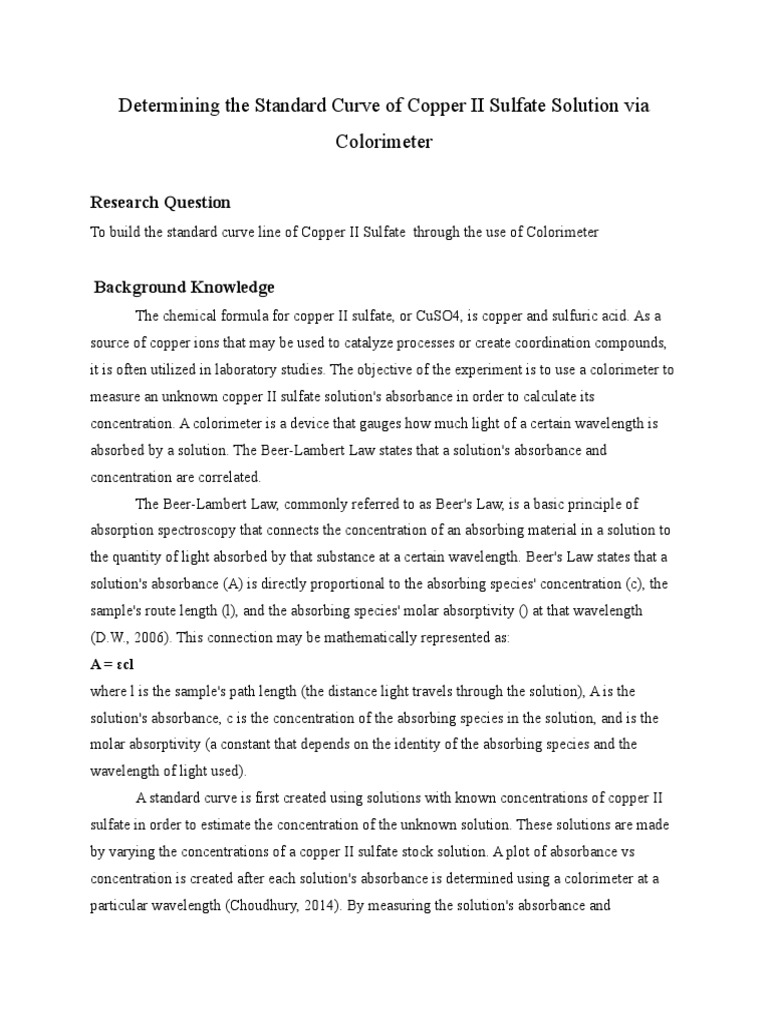 Standard Curve of Copper II Sulfate Solution Via Colorimeter Lab PDF