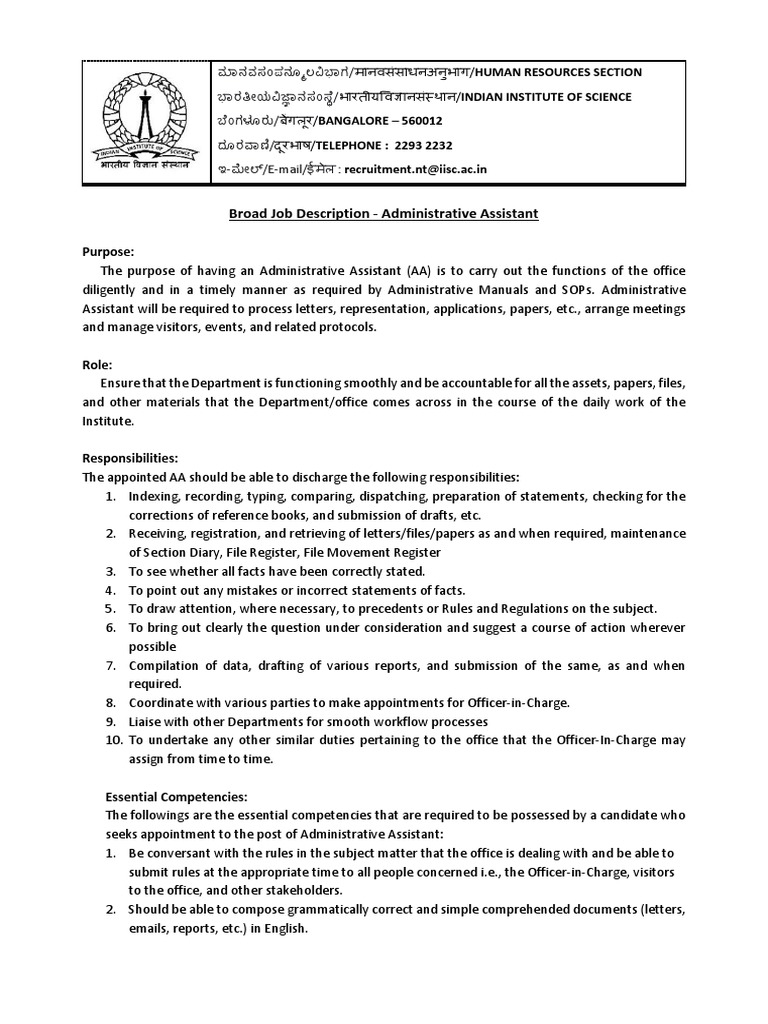 Broad Job Description Administrative Assistants English | PDF ...