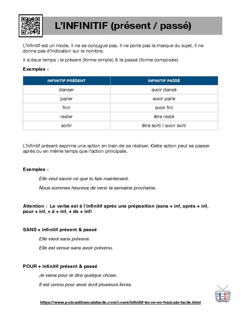 L'infinitif en français : présent et passé | PDF