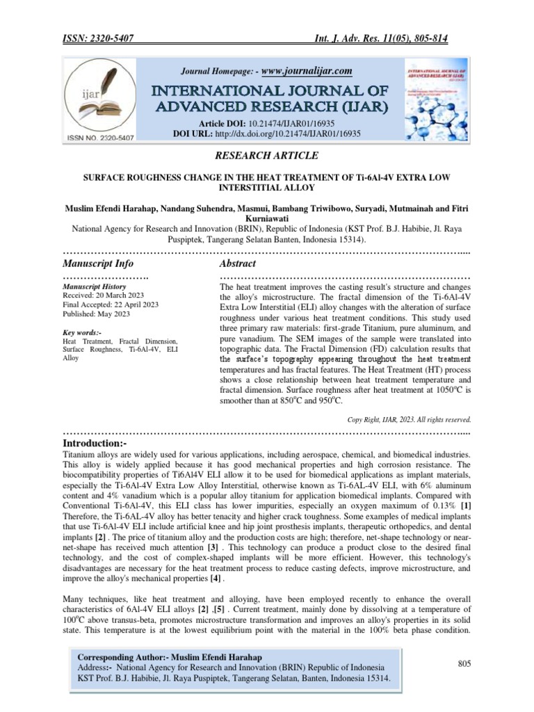 Surface Roughness Change in The Heat Treatment of Ti6al4v Extra Low