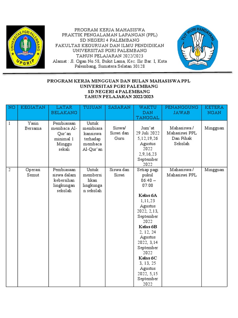 Program Kerja PPL Mahasiswa 2022/2023 | PDF