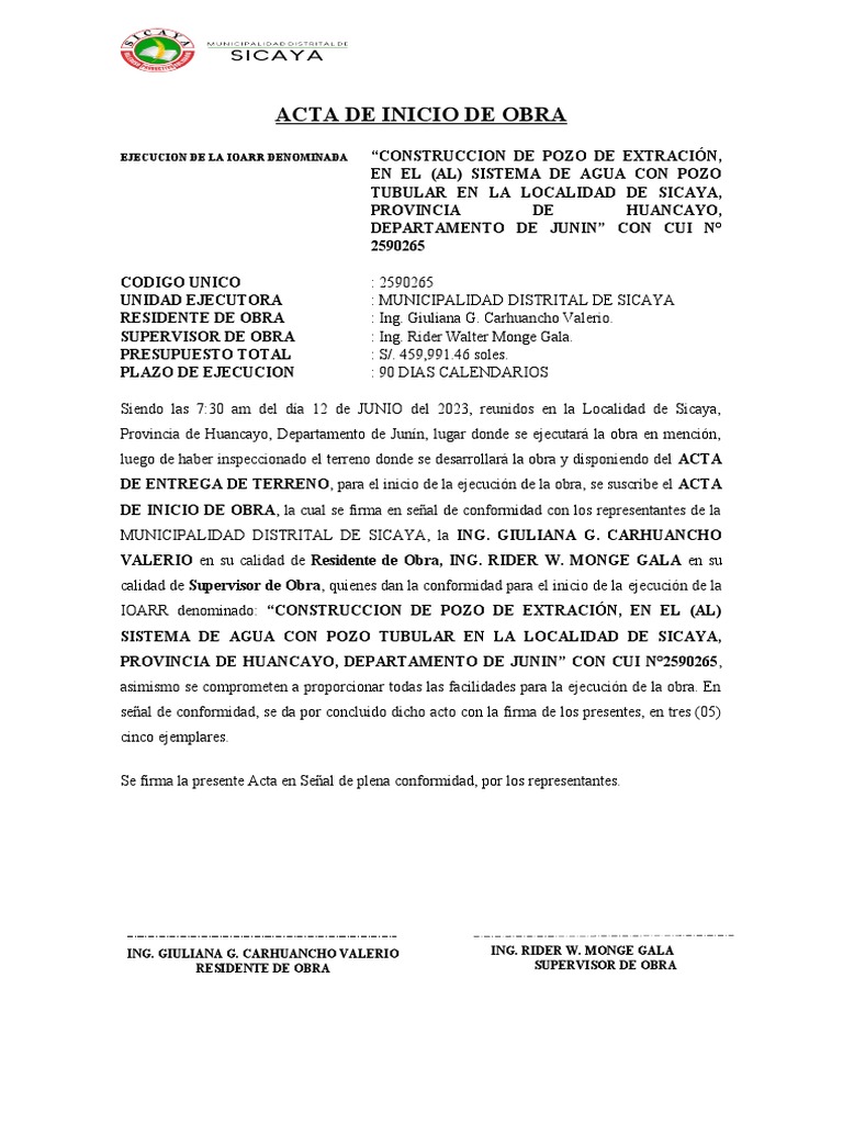 Acta de Inicio de Obra PT | PDF