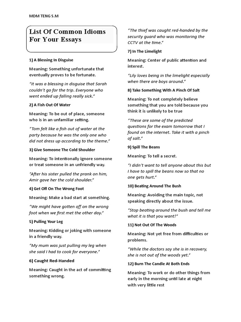 List of Common Idioms For Your Essays PDF