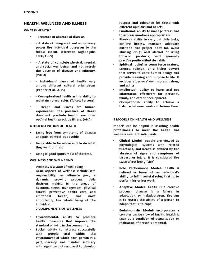 Funda Lesson1 Health and Wellness PDF Psychology Psychological