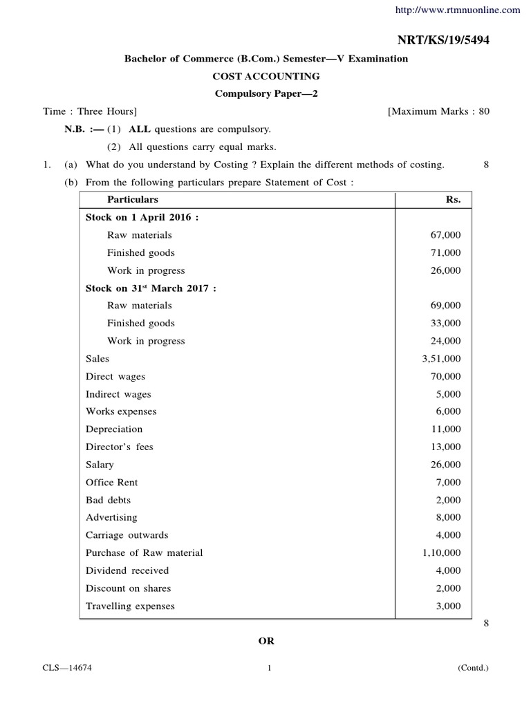 Bcom 5 Sem Cost Accounting Compulsory 5494 Summer 2019 | PDF | Cost ...
