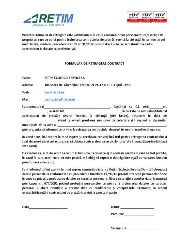 Formular de Retragere Site-Contract Client RETIM | PDF
