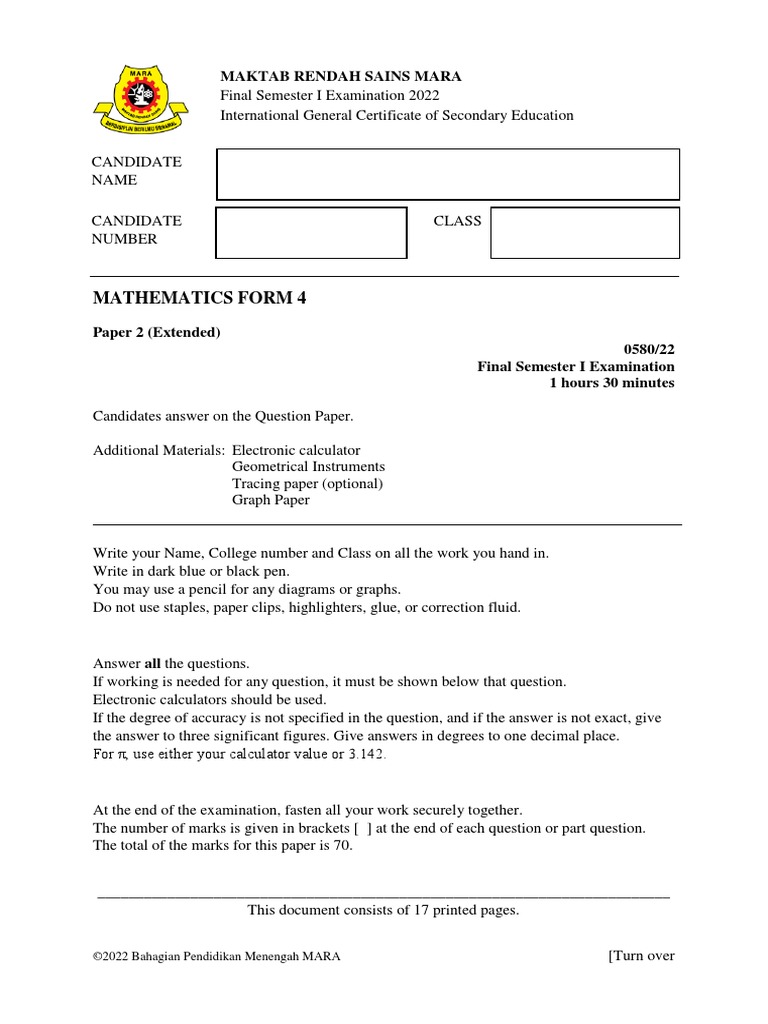 Mathematics Form 4 Exam Paper 2022 | PDF