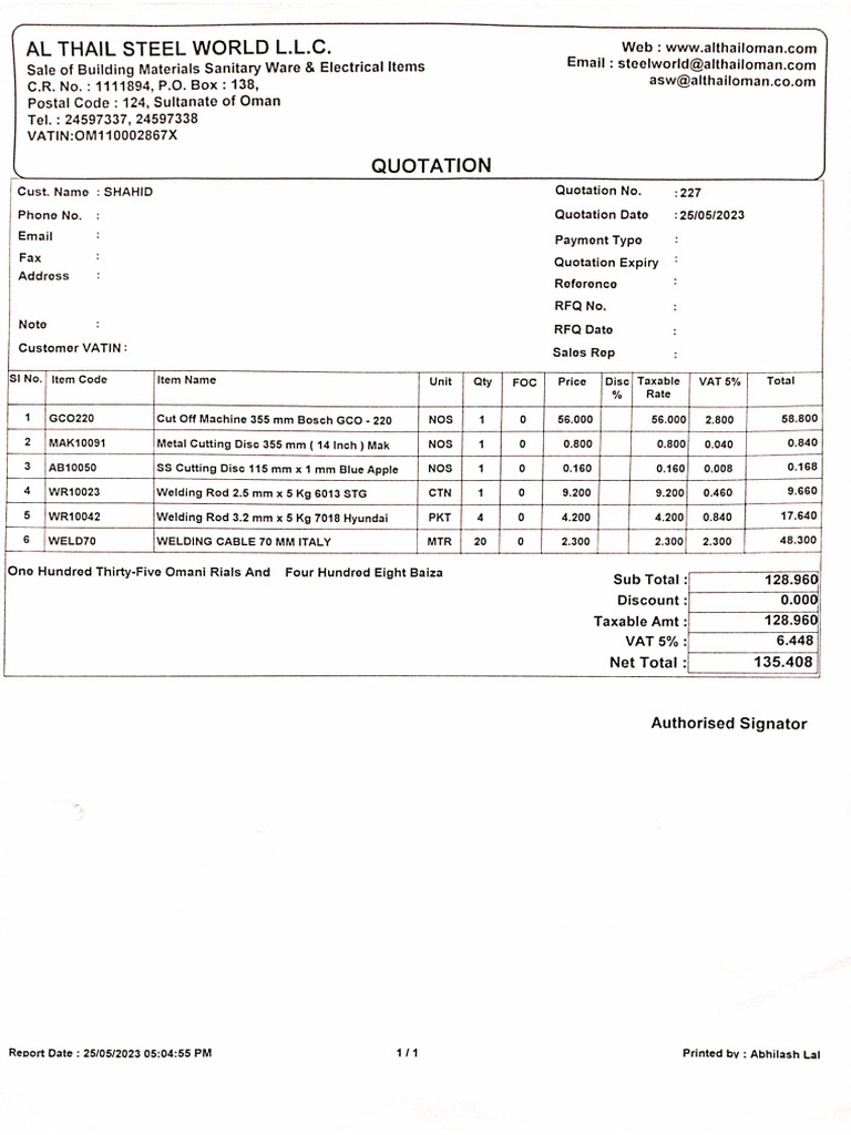 Welding Material Quotation PDF