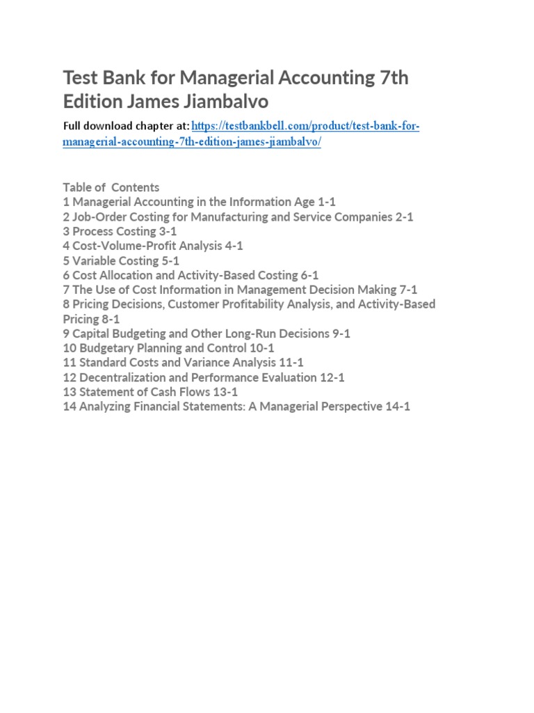 Test Bank For Managerial Accounting 7th Edition James Jiambalvo | PDF