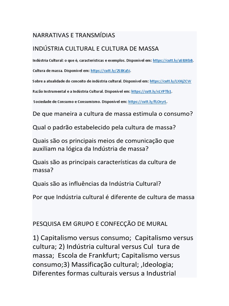 Atividade Industria Cultural e Cultura de Massa 2 | PDF