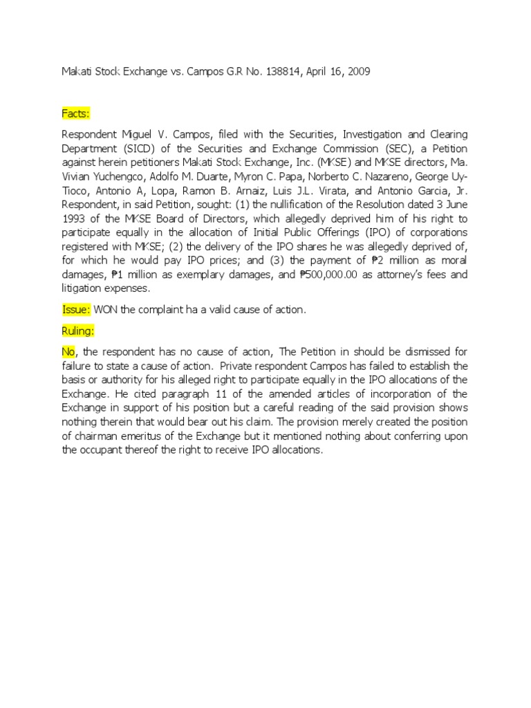 Makati Stock Exchange vs. Campos G.R No. 138814 J April 16 J 2009 PDF