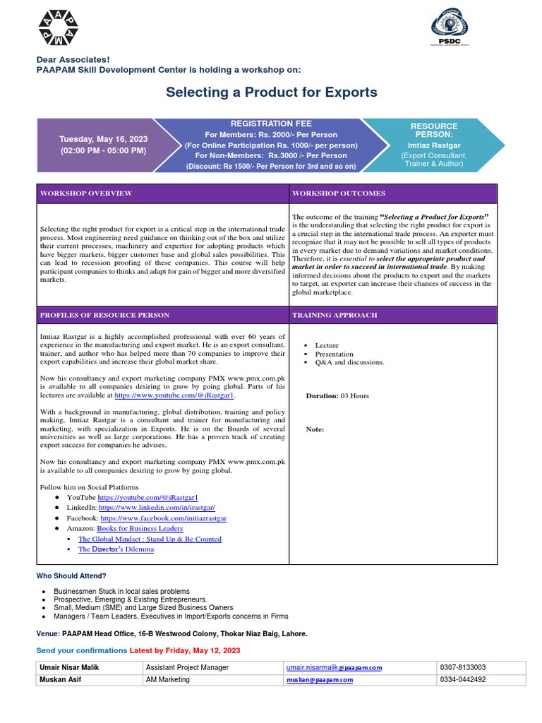 PAAPAM PSDC Training Selecting A Product For Exports 16may2023