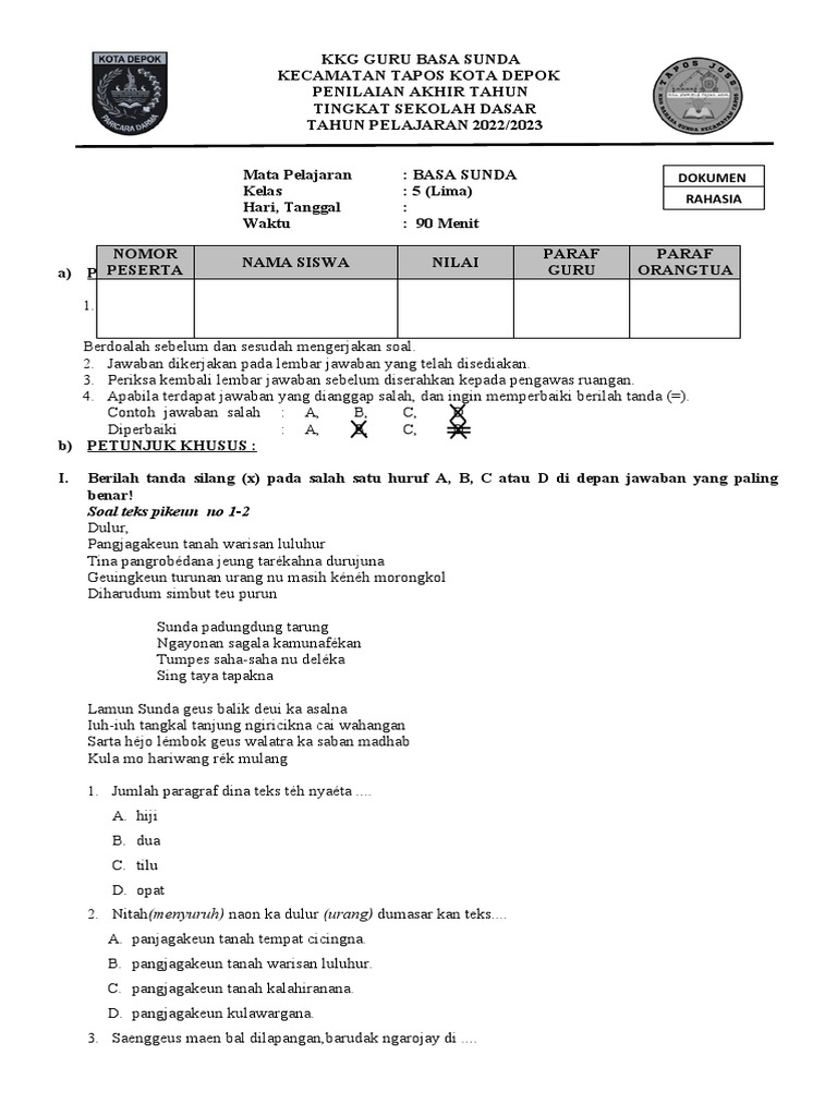 Jawaban latihan PTS/UAS soal bahasa Sunda kelas 5 semester 2, pilihan ganda dan esai kunci jawaban