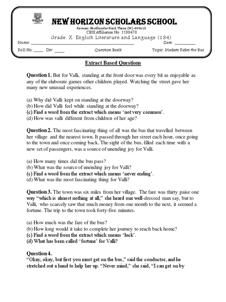 Madam Rides the Bus (Question Bank) (1) PDF