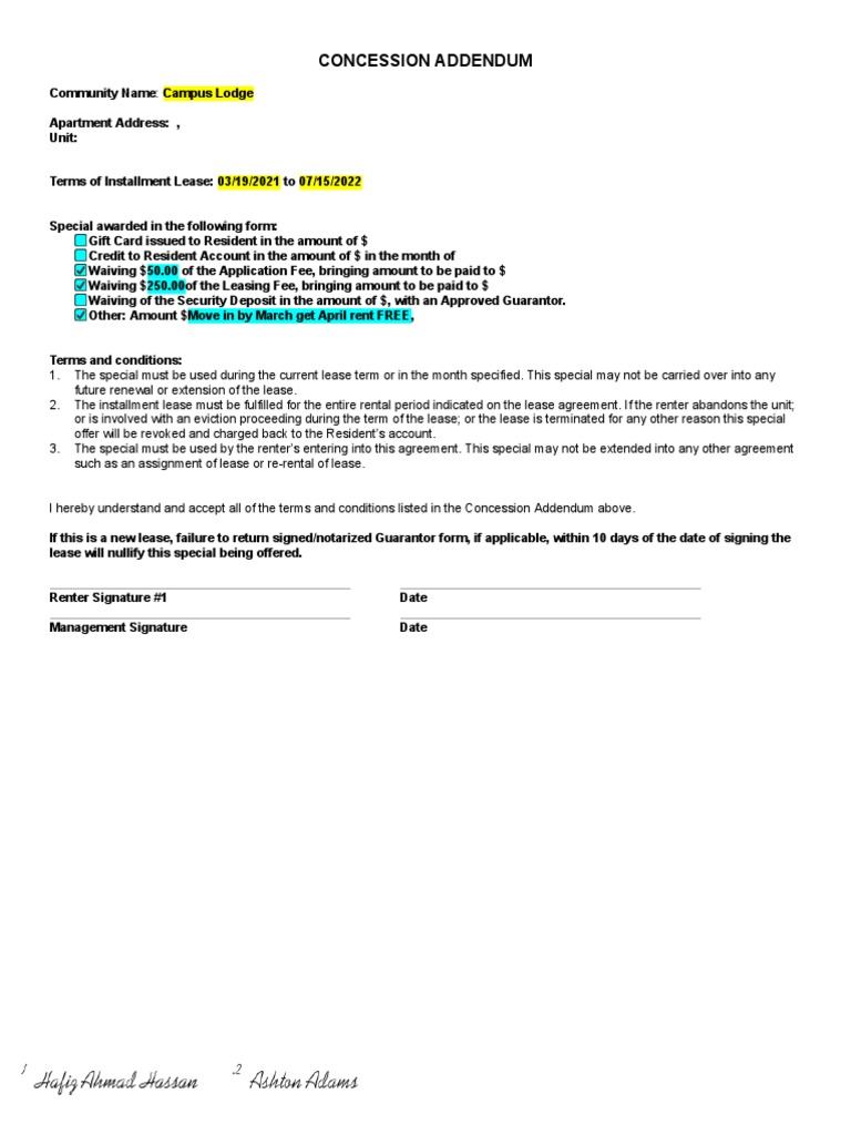 Rental Concession Addendum Details | PDF | Lease | Landlord