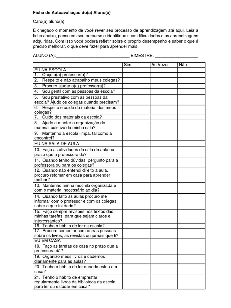 Ficha de Autoavaliação do Aluno | PDF | Carreira e Crescimento | Artes ...