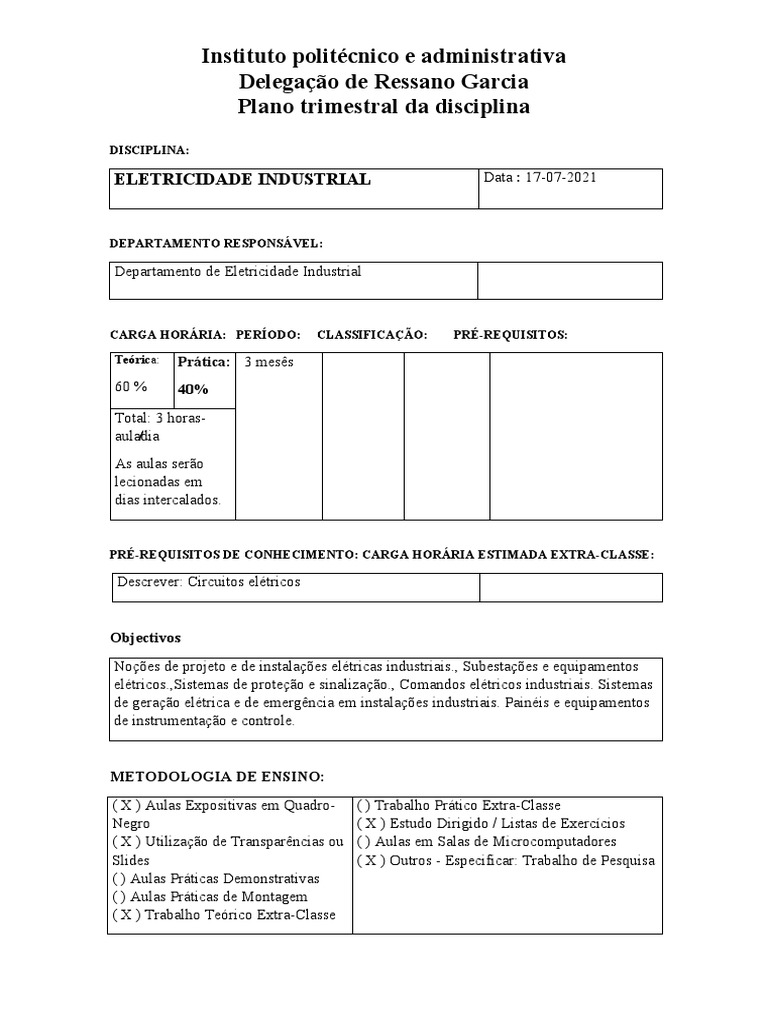 Plano Trimestral: Eletricidade Industrial | PDF | Eletricidade ...
