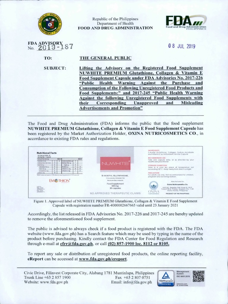 list of glutathione approved by fda philippines Food