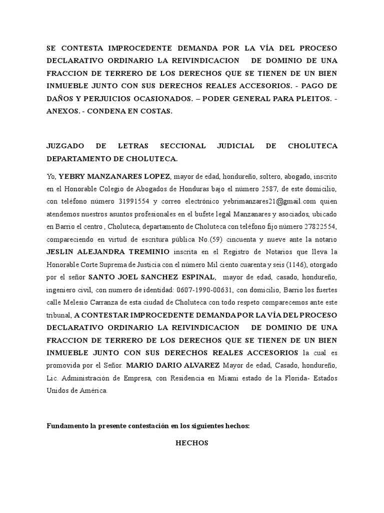 Contestación a Demanda de Reivindicación | PDF | Honduras | Demanda ...