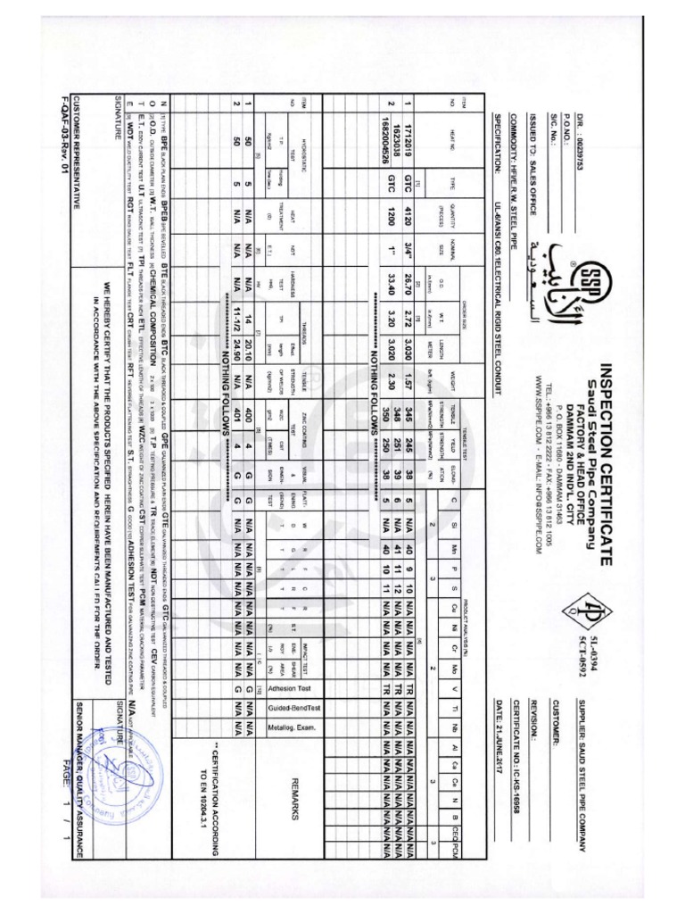 SSP Inspection Certificate for Steel Pipe | PDF