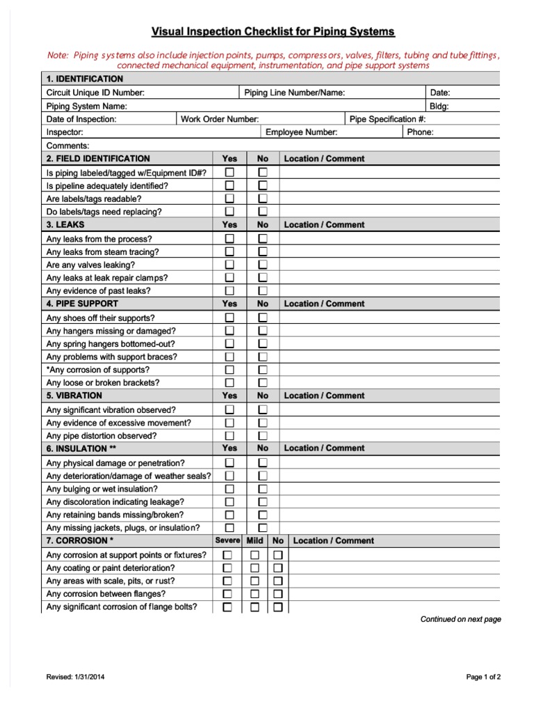 Visual Inspection Checklist Piping | Download Free PDF | Leak | Pipe ...