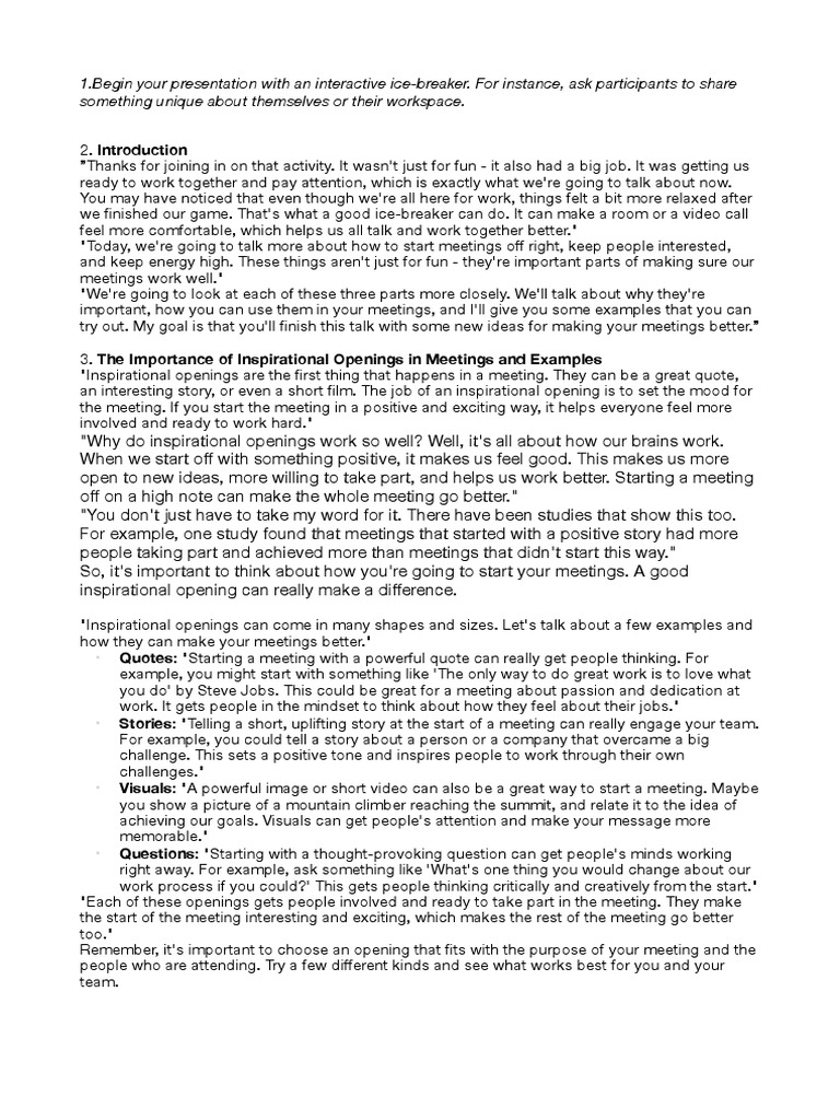 Inspirational Openings, IceBreakers and Energizers in Business