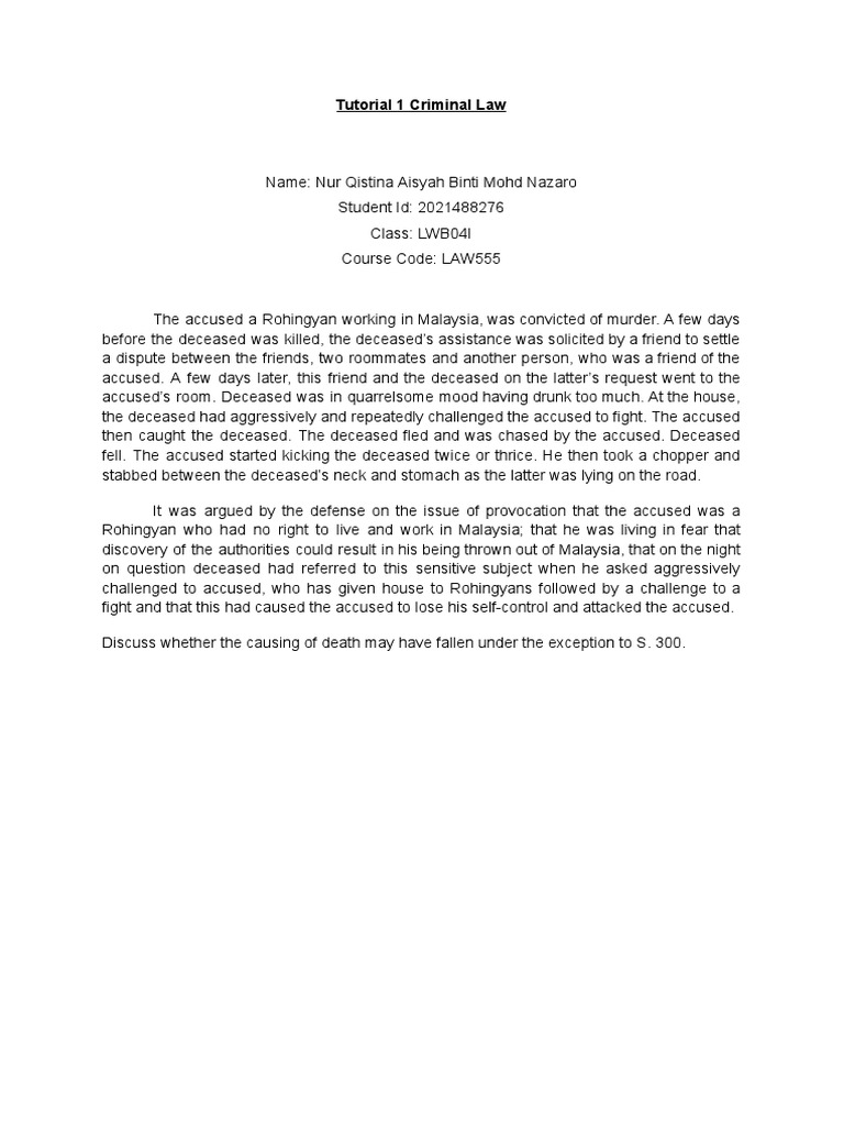 Tutorial 1 Criminal Law 2021488276 Pdf Intention Criminal Law