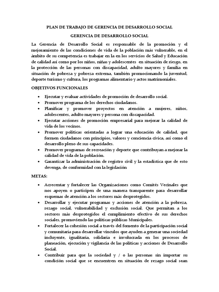 Plan de Trabajo de Gerencia de Desarrollo Social | PDF | Invalidez | Vejez