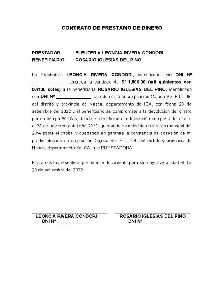 Contrato de Préstamo de Dinero S/1500 | PDF | Finanzas y dinero | Derecho