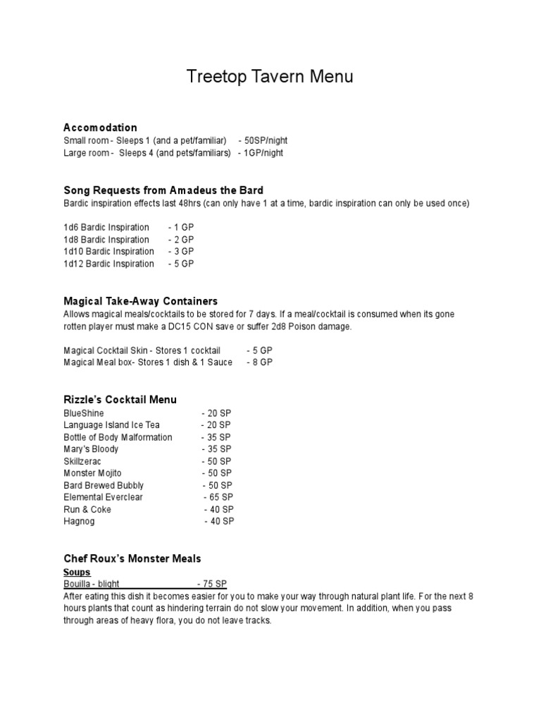 Treetop Tavern Menu PDF