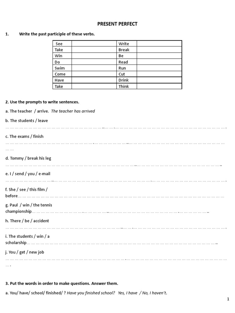 Present Perfect Worksheet PDF Languages Foreign Language Studies