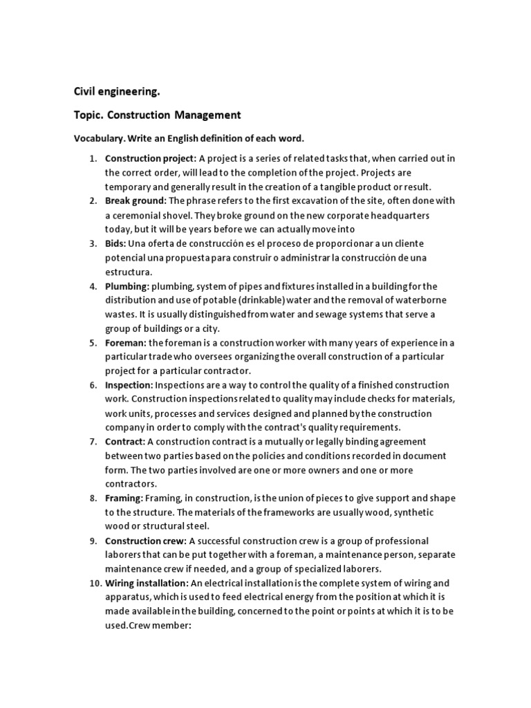Civil Engineering. Vocabulary Construction Management PDF