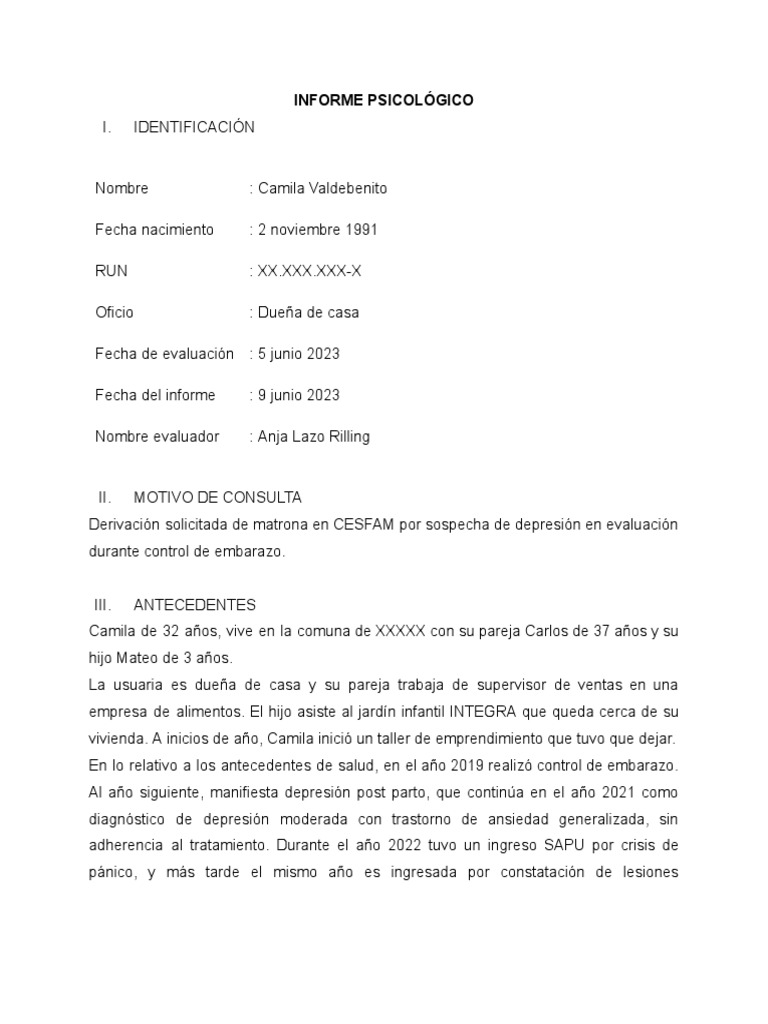 Informe psicológico de Camila Valdebenito | PDF | Depresión (estado de ...