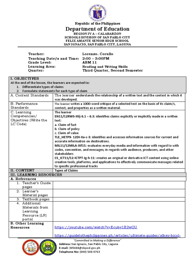 TYPES OF CLAIMS DLP FOR COT | PDF | Learning | Evidence