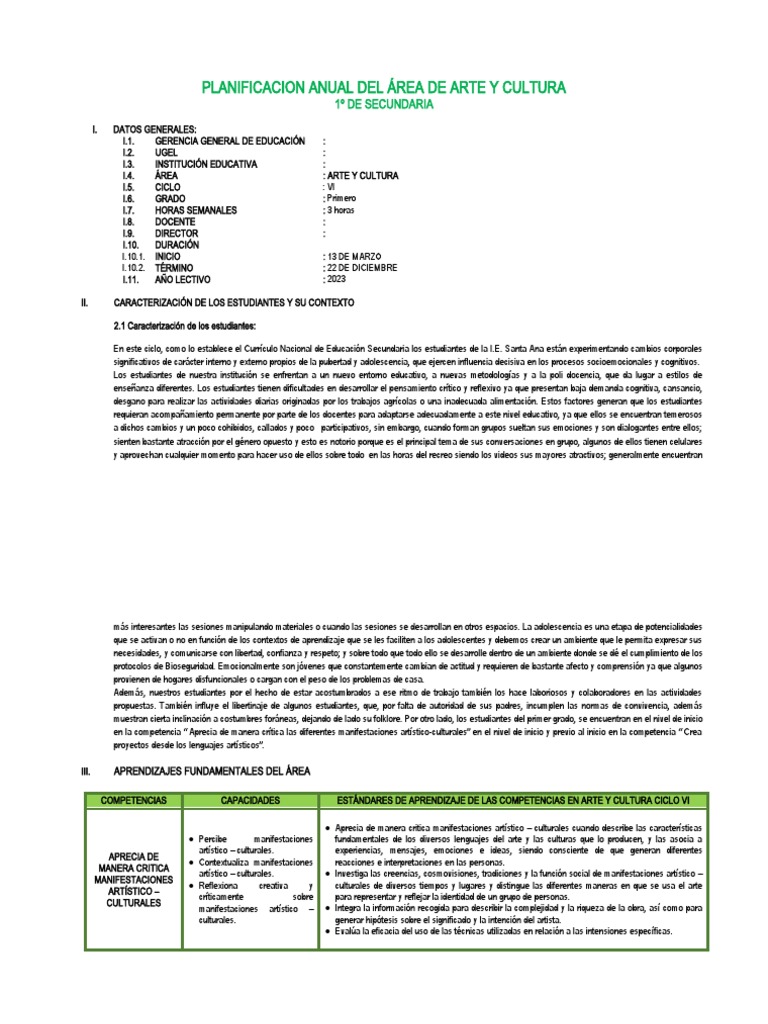 Planificacion Anual Del Área de Arte y Cultura | PDF
