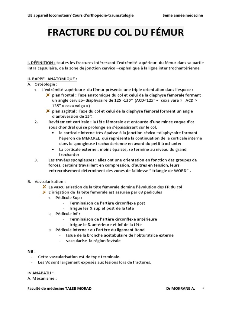 Fractures du col du fémur : anatomie et traitement | PDF | Médecine ...