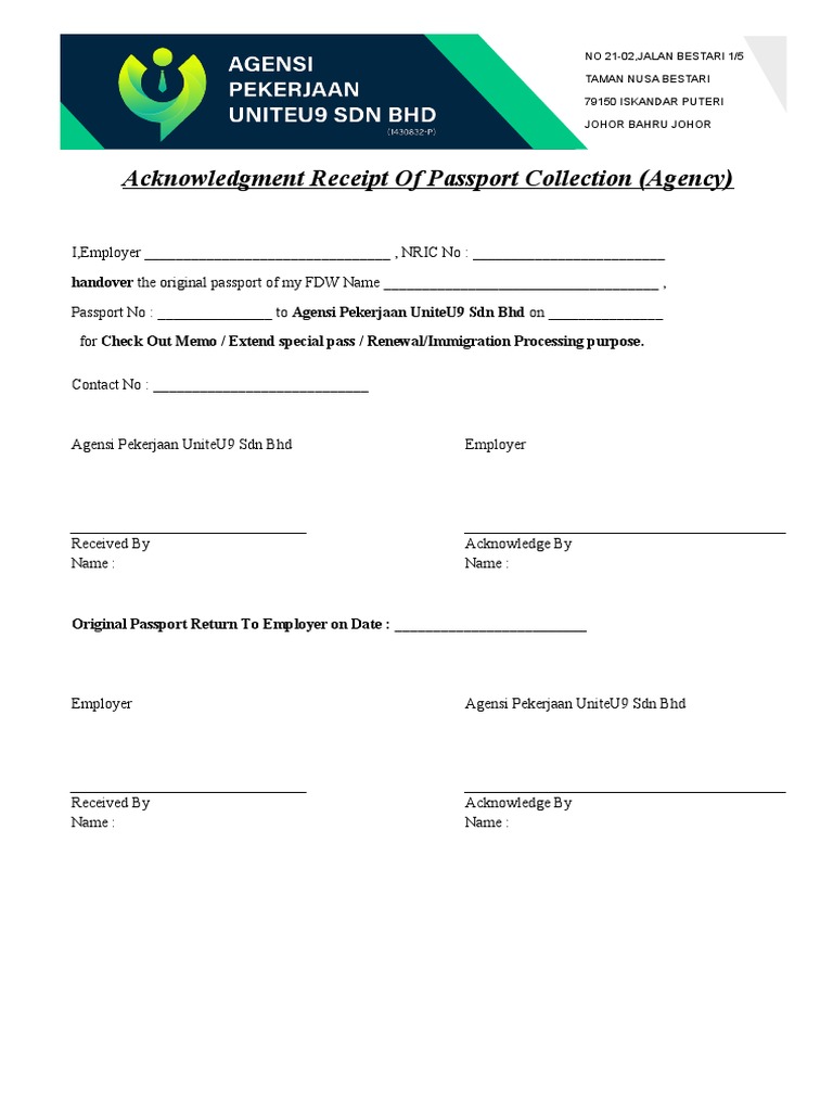 Agency) Acknowledgment Receipt of Passport Collection PDF