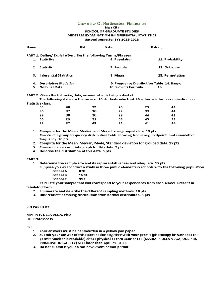 Midterm Exam: Inferential Statistics 2023 | PDF