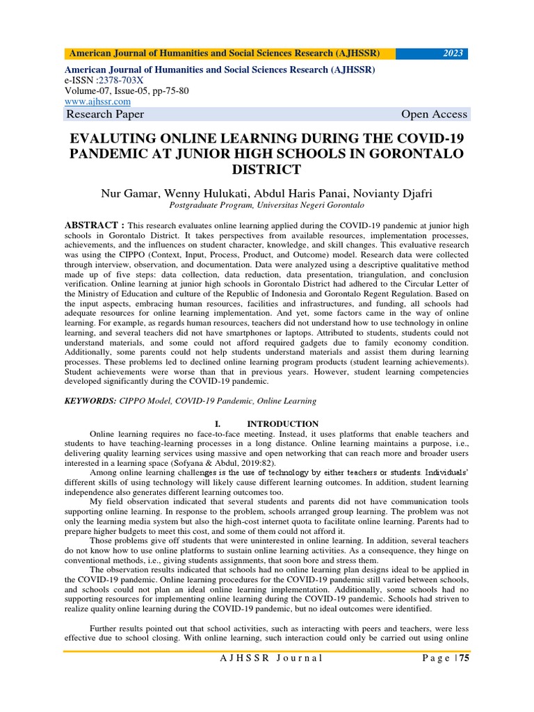 Evaluting Online Learning During The Covid-19 Pandemic at Junior High ...