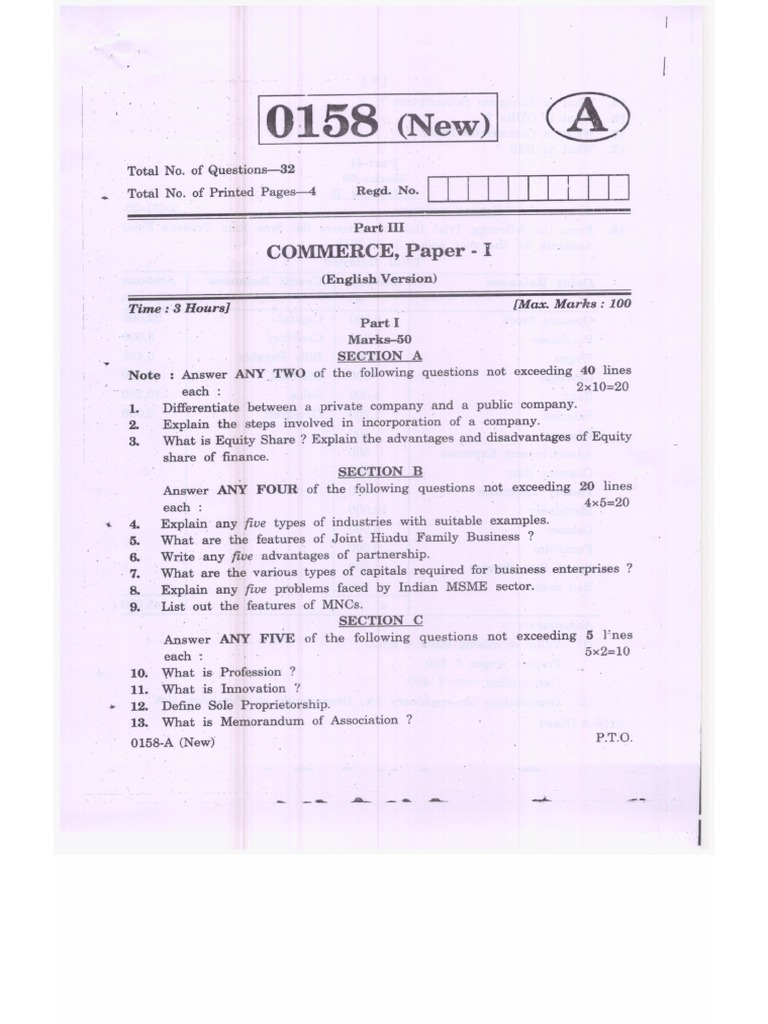 Commerce Paper-I (EM-TM) | PDF