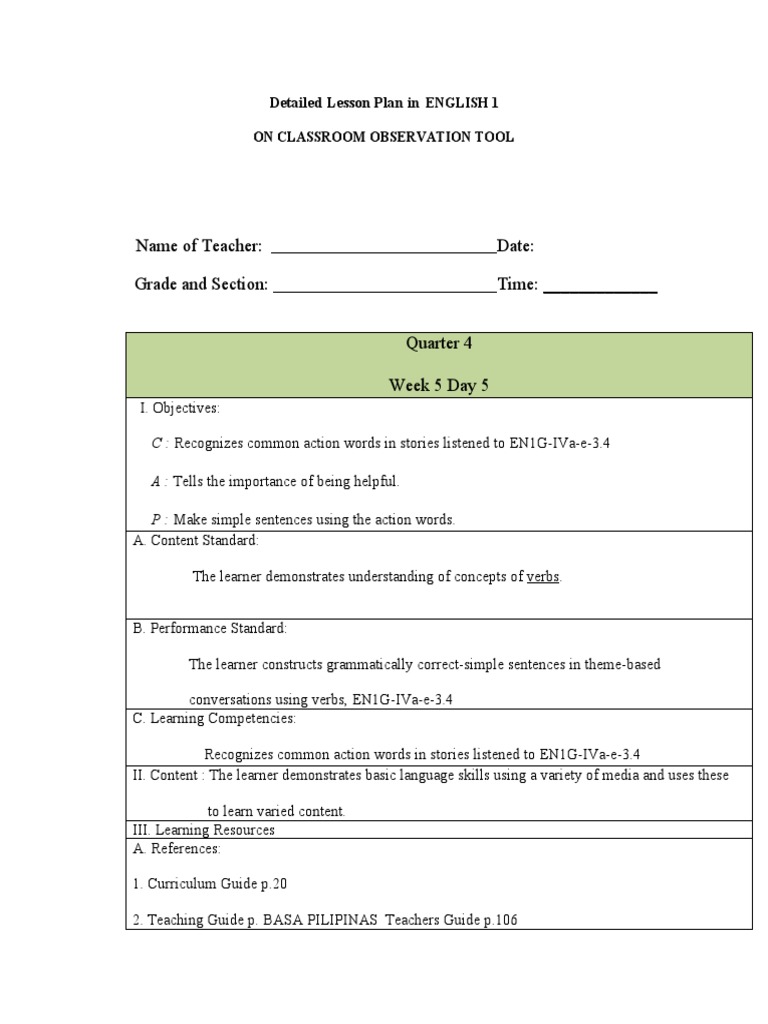 Detailed English Lesson Plan for Grade 1 | PDF | Lesson Plan | Learning