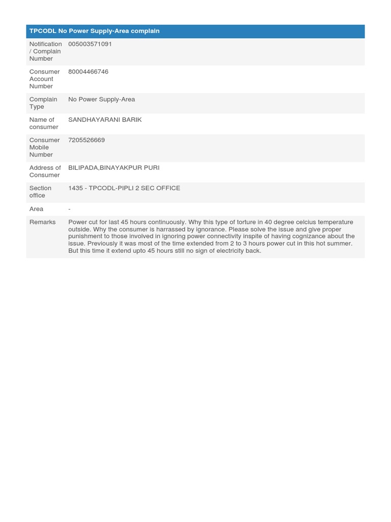 TPCODL Power Outage Complaint Report | PDF | Finance & Money Management ...