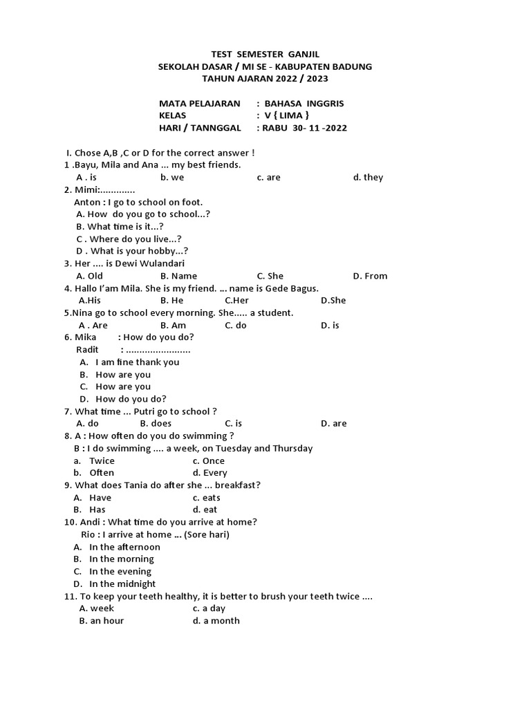 Test Sumatif KLS 5 Semester 1 BHS Inggris | PDF